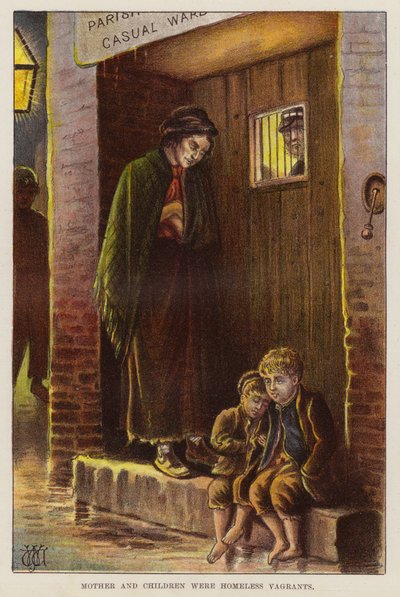 Mãe e filhos sem abrigo na Grã-Bretanha vitoriana (chromolitho) de English School