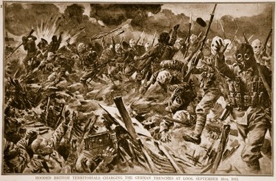 Territórios britânicos encapuzados carregando as trincheiras alemãs em Loos, 25 de setembro de 1915, 1914-19 de English School
