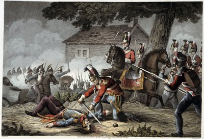 Horse Guard no campo de batalha de Waterloo em "Historical, military and naval anecdotes and incidents that arrived at the British Armies and their allies, ending at Waterloo" de Edward Orme. Ilustrado por Fry, Sutherland, Clark, Dubourg, W.Heart, JA, Atki de English School