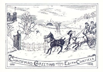 Cavalo e carruagem viajando para o castelo, cartão de natal de English School