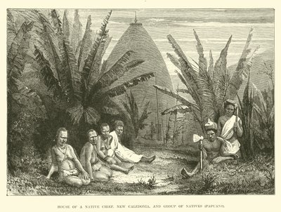 Casa de um chefe nativo, Nova Caledônia e grupo de nativos, papuanos de English School