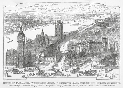 Casas do Parlamento, Abadia de Westminster, Westminster Hall, Monumentos da Crimeia e de Canning (gravura) de English School