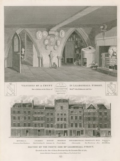 Casas no lado norte da rua Leadenhall, erguidas no local das destruídas pelo extenso incêndio de 1765 de English School