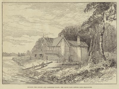 Alojamento dos Barcos Oxford e Cambridge, do Grove Park Rowing Club Boat-House (gravura) de English School