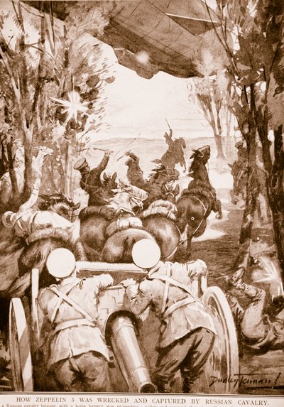 Como o Zeppelin 5 foi destruído e capturado pela Cavalaria Russa, 1914-19 de English School