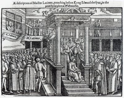 Hugh Latimer (c.1485-1555) Pregação diante do rei Eduardo VI (1537-1553) em Westminster em 1547, de &39;Atos e Monumentos&39; de John Foxe (1516-87) 1563 de English School