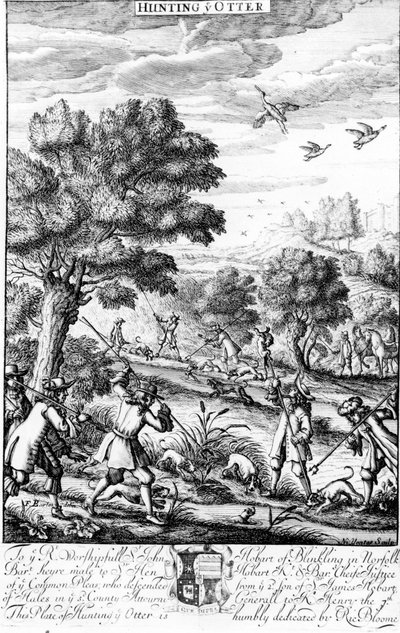 Caçando a lontra, de "recreação do cavalheiro" publicada por Richard Blome, 1686 de English School
