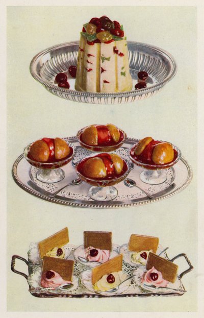 Pudim de gelo; Peches Melba; Gelados de creme (litografia a cores) de English School