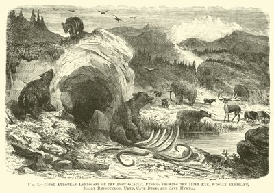 Paisagem européia ideal do período pós-glaciar, mostrando o alce irlandês, o elefante lanoso, o rinoceronte peludo, o urus, o urso da caverna e a caverna Hyaena de English School