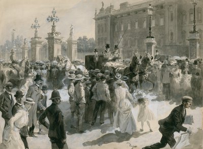 Doença do rei Edward VII, os médicos deixam o palácio, junho 1902 (wc no papel) de English School