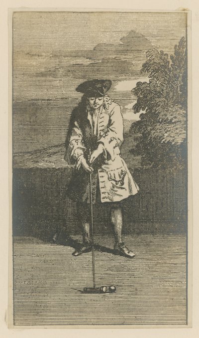 Ilustração retratando um homem jogando croquet de English School