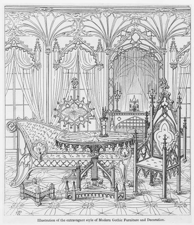 Ilustração do estilo extravagante de mobiliário gótico moderno e decoração, de verdadeiros princípios de apontado de arquitetura cristã, por Augustus Welby Pugin (1812-52) de English School