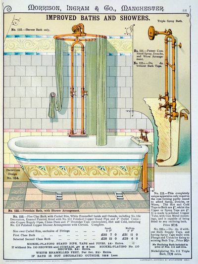 Improved Baths and Showers de um catálogo de louças sanitárias produzido por Morrison, Ingram & Co., Manchester, publicado em 1890 de English School