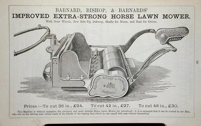 Cortador de Relva Extra Forte, ilustração de um catálogo de jardinagem, publicado por Barnard Bishop & Barnard de English School