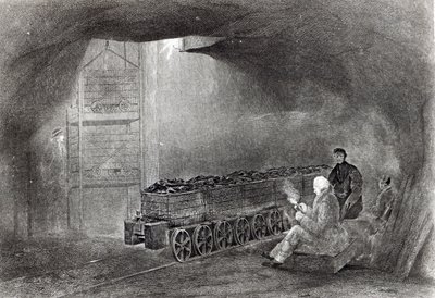 Na mina de carvão, ilustração de "Uma história do carvão, coque, campos de carvão e fabricação de ferro no norte da Inglaterra" por W.Fordyce, publicado em 1860 de English School