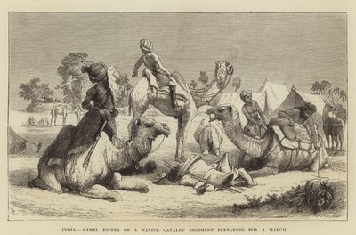 Índia, Camel Riders of a Native Cavalry Regiment preparando-se para uma Marcha (gravura) de English School