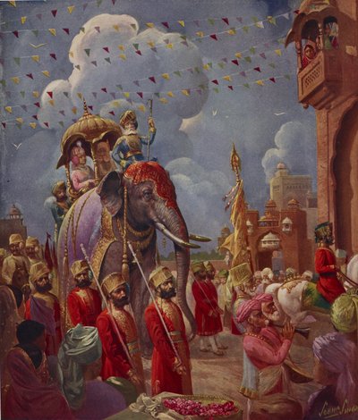 Procissão indiana com elefante, pintura de Sobha Singh, do Suplemento Indiano do Illustrated London News de English School