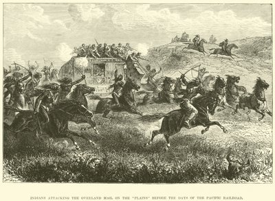 Índios atacando o Correio Terrestre nas planícies antes dos dias da Estrada de Ferro do Pacífico de English School
