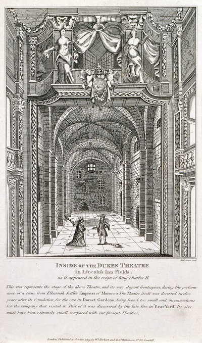 Dentro do teatro dos duques, Londres, gravado por Richard Sawyer, 1820 de English School