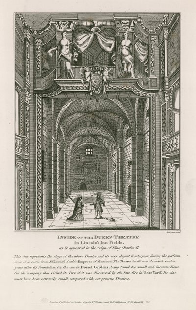 Dentro do Teatro dos Duques em Lincolns Inn Fields, como apareceu no reinado do rei Carlos II de English School