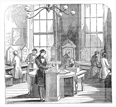Sala de instrumentos no Electric Telegraph Office, Lothbury, Londres, do Museu de Ciência e Arte de Dionysius Lardner, c.1860 de English School
