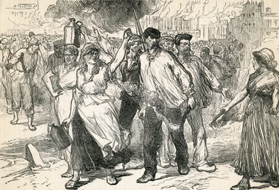 Insurgentes Devastando as Ruas de Paris, tiradas da História Ilustrada de Cassells, 1872 de English School