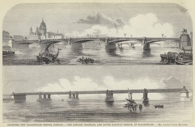 Ponte Nova Blackfriars prevista, Londres, a ponte ferroviária de Londres, Chatham e Dover, em Blackfriars (gravura) de English School