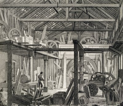 Vista interior da casa de reunião de John Bunyans na rua de Zoar, pista do cascalho, Southwark, usada como uma oficina e uma serração, c.1822 (veja igualmente 190619) de English School