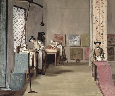 Interior de uma fábrica de papel de parede (óleo sobre tela) de English School
