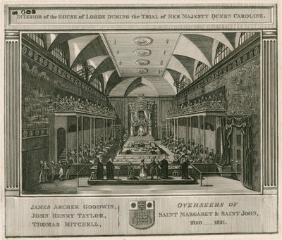 Interior da Câmara dos Lordes durante o julgamento de Sua Majestade a Rainha Caroline de English School