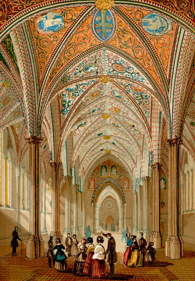 Innenraum der Temple Church (farbige Gravur) von English School