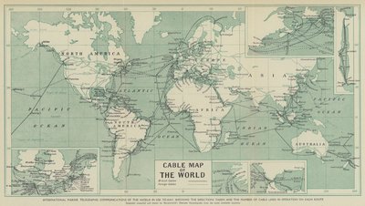 Comunicações telegráficas marítimas internacionais do mundo em uso hoje em dia, mostrando as direcções tomadas e o número de linhas de cabo em funcionamento em cada rota (litho) de English School