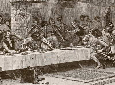 Interrompendo o jantar de Natal de Balliols, ilustração da história ilustrada de Cassells da Inglaterra (foto sépia) de English School