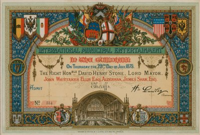 Convite para a International Municipal Entertainment no Guildhall, Londres, em 29 de julho de 1875 de English School
