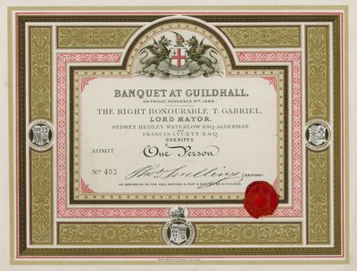 Convite para um banquete no Guildhall, Londres, em 9 de novembro de 1866 de English School