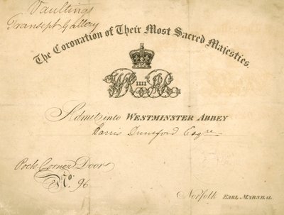 Convite para a coroação do rei William IV e da rainha Adelaide de English School