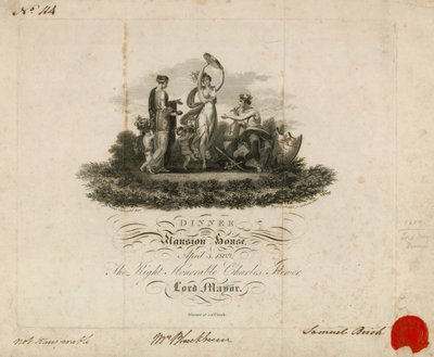 Convite para o jantar dos Lord Mayors na Mansion House, Londres, 3 de abril de 1809 de English School