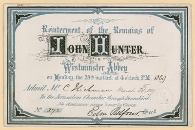 Convite para o Reinterment de John Hunters permanece na Abadia de Westminster, Londres, 28 de março de 1859 de English School