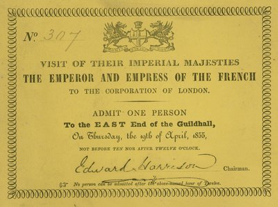 Convite para a visita de suas Majestades Imperiais, o Imperador e a Imperatriz dos Franceses, no Guildhall, Londres, em 19 de abril de 1855 de English School