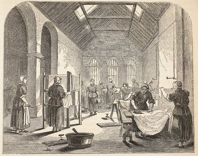 Sala de passar roupa na prisão de Brixton, ilustração das prisões criminosas de Londres e cenas da vida da prisão por Henry Mayhew e por John Binny, bar. 1862 de English School