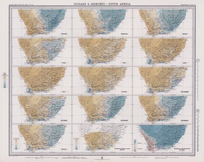Isobares e isoietas, África do Sul (litografia a cores) de English School