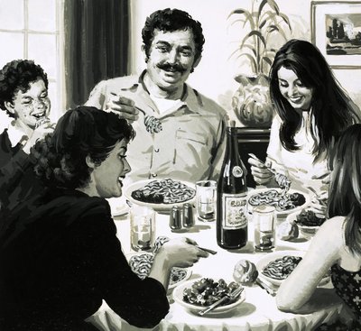 Família italiana comendo espaguete para o jantar de English School