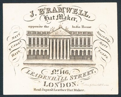 J Bramwell, fabricante de chapéus, cartão comercial de English School