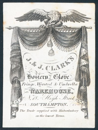 J & J Clarks, meias, luvas, franjas, galpões e guarda-sóis, cartão comercial de English School