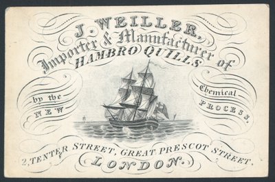 J Weiller, importador e fabricante de Hambro Quills, 2 Tenter Street, cartão comercial de English School