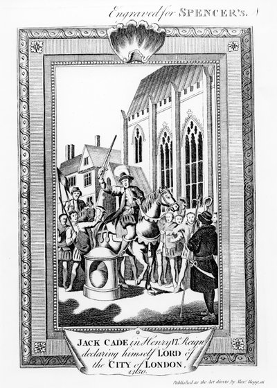 Jack Cade (d.1450) no reinado de Henrique VI, declarando-se senhor da cidade de Londres, gravado por Spencer. de English School