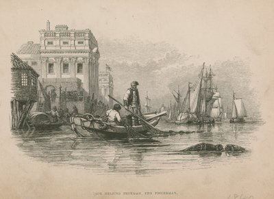 Jack ajudando Freeman, o pescador; ilustração de pobre Jack por Frederick Marryat de English School