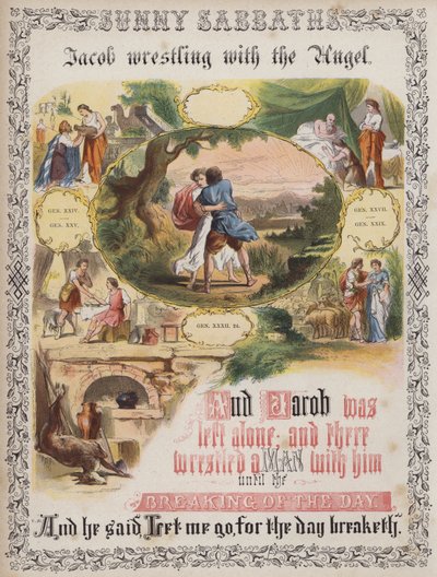 Jacob wrestling with the Angel (gravura colorida) de English School