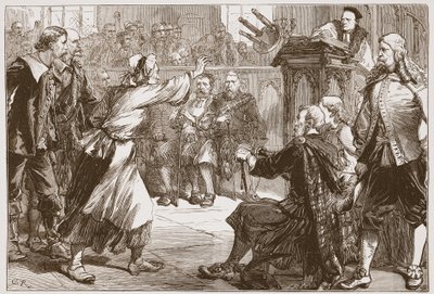Janet Geddes arremessando seu banquinho ao Dean de Edimburgo, ilustração da História do Protestantismo por James Aitken Wylie (1808-1890), pub. 1878 de English School