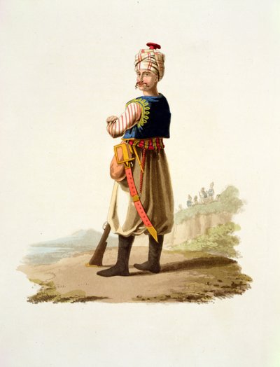 Janissary, de trajes das várias nações, volume VII, o traje militar da Turquia, por Thomas MacLean, publicado c.1800-18 (aquatint de cor de mão) de English School